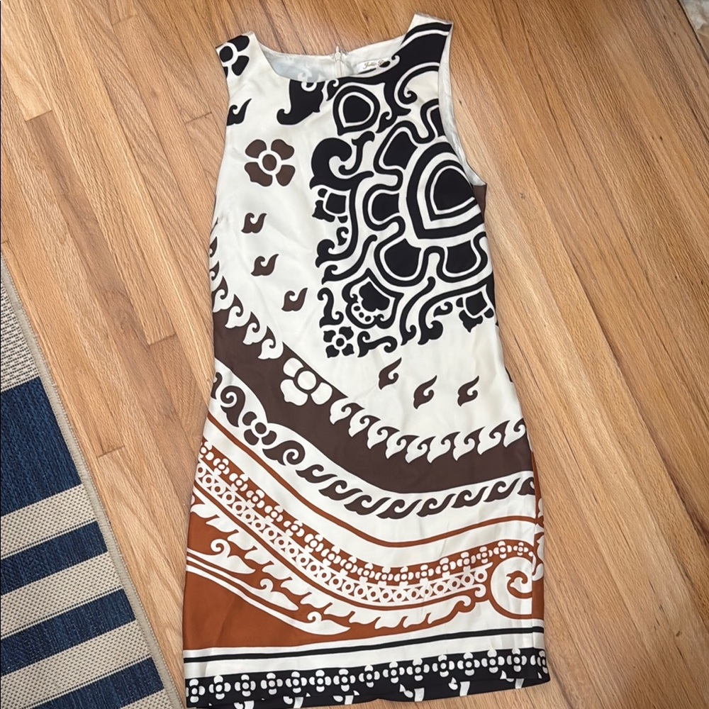 Sleeveless White Dress with Brown and Black Print